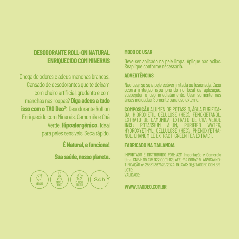 Desodorante Natural Roll-on 60ml. Camomila e Chá Verde, Sem Alumínio e Vegano