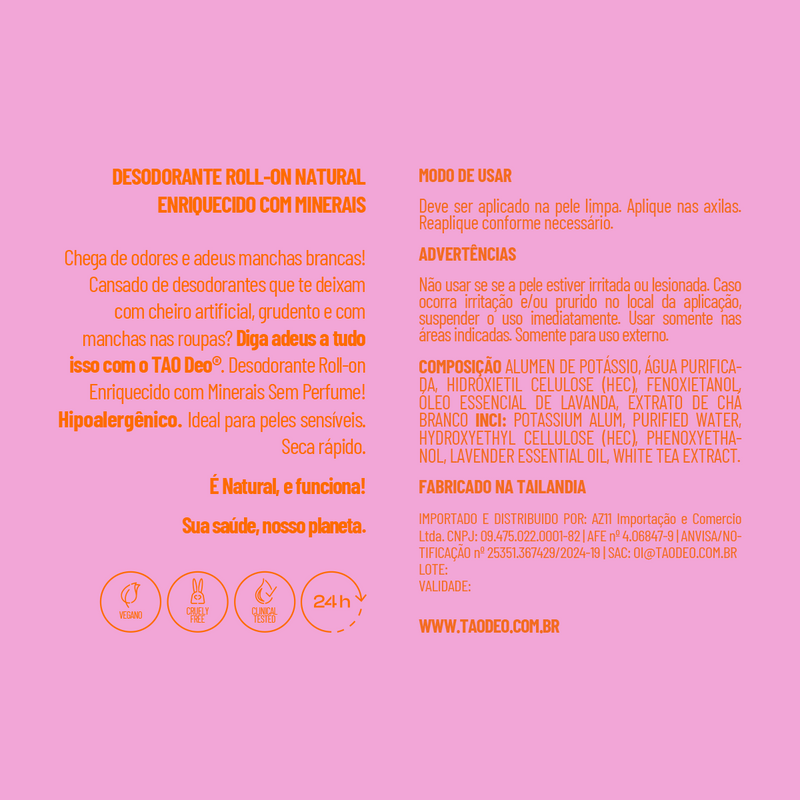 Desodorante Natural Roll-on 60ml. Sem Cheiro, Sem Alumínio e Vegano