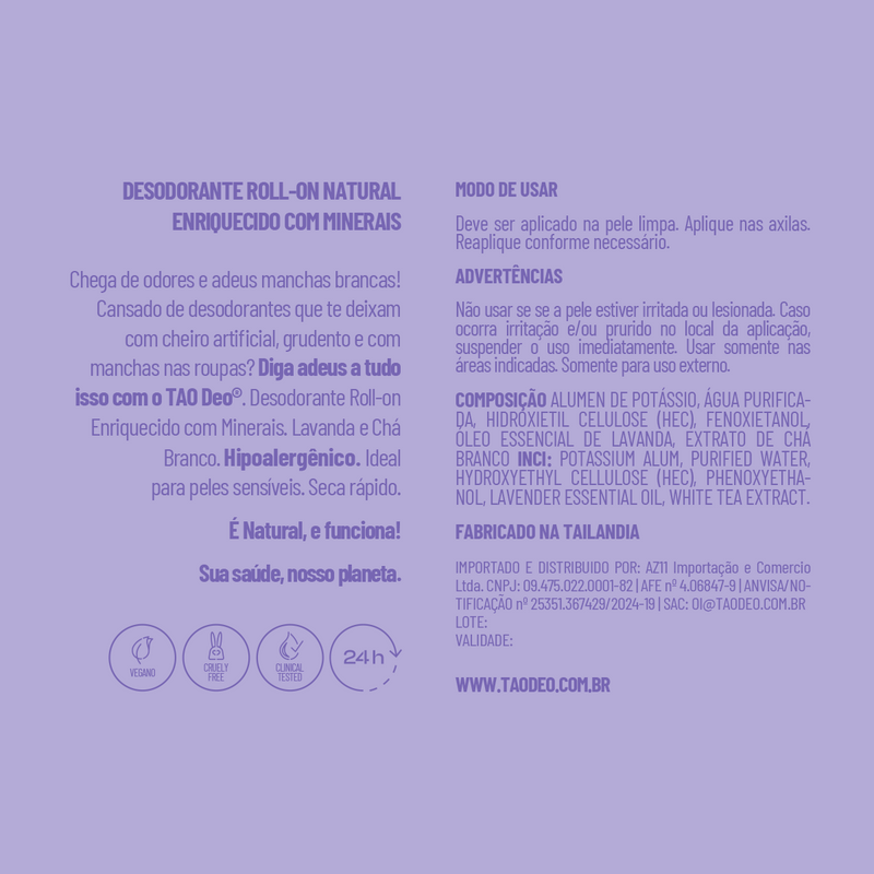 Desodorante Natural Roll-on 60ml. Lavanda e Chá Branco, Sem Alumínio e Vegano