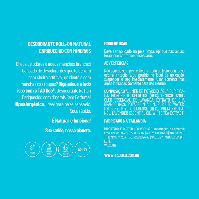 Desodorante Natural Roll-on 60ml Azul. Sem Cheiro, Sem Alumínio e Vegano.