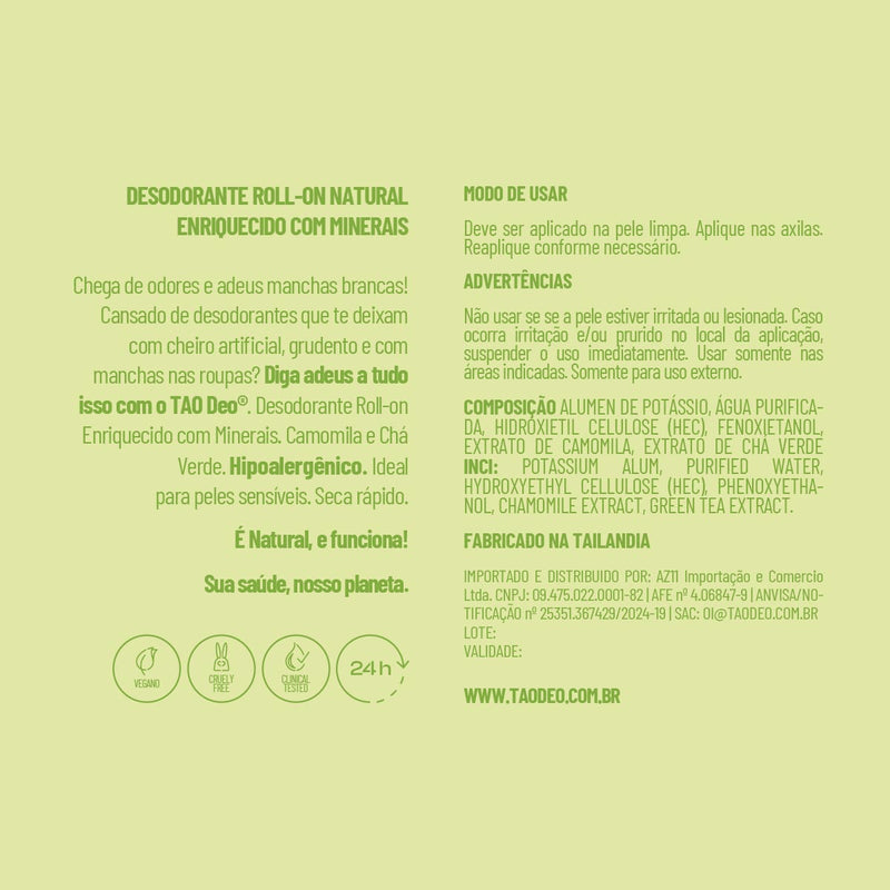 Desodorante Natural Roll-on 60ml. Camomila e Chá Verde, Sem Alumínio e Vegano.