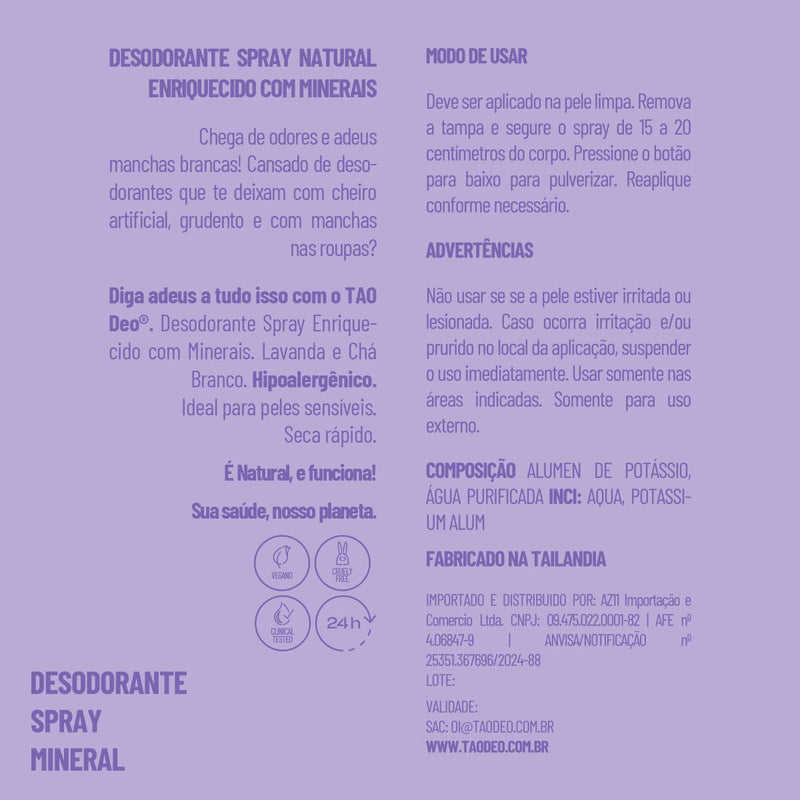 Desodorante Natural Spray 100ml. Lavanda e Chá Branco, Sem Alumínio e Vegano.