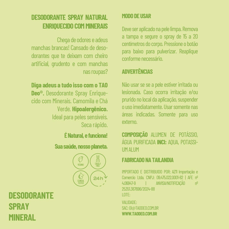 Desodorante Natural Spray 100ml. Camomila e Chá Verde, Sem Alumínio e Vegano